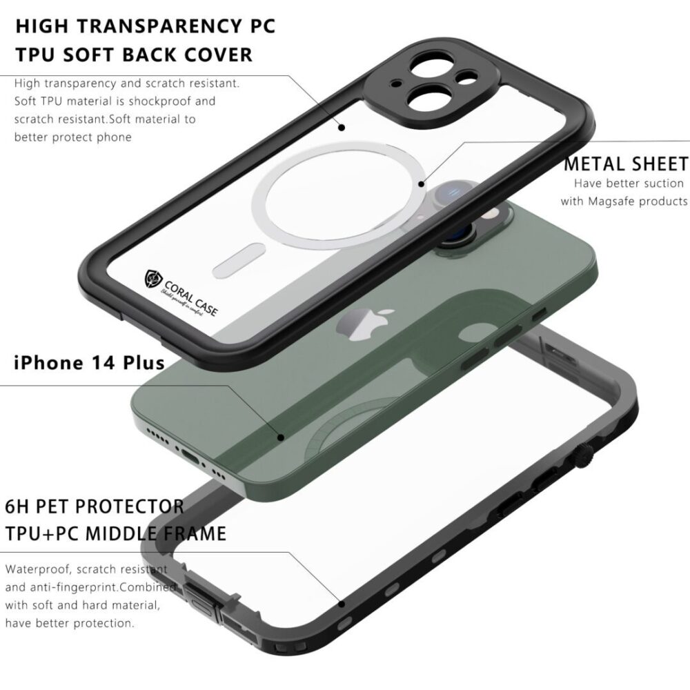 iPhone 14 Plus IP68 Waterproof Rugged Phone Case Exploded View