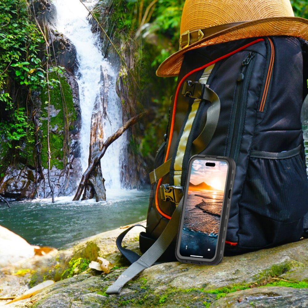 iPhone 15 Plus IP68 Waterproof Rugged Phone Case Beside Bag