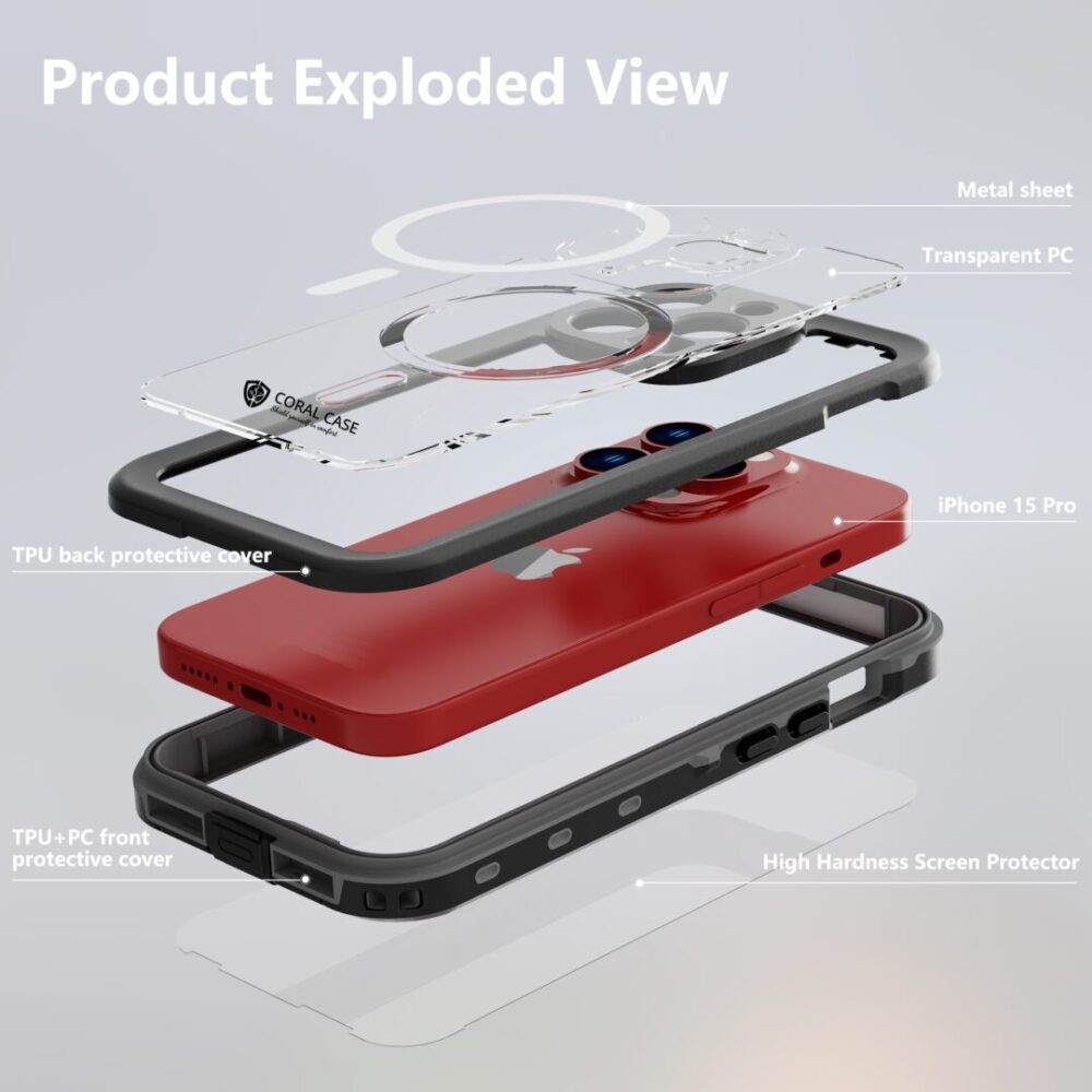 iPhone 15 Pro IP68 Waterproof Rugged Phone Case Exploded View