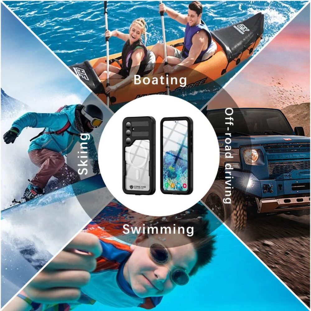 Samsung S24 Plus Waterproof Case in action - Swimming, Skiing, Boating, Off-road driving